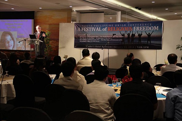 John Graz, PARL director for the world church headquartered in Maryland, USA, addresses Adventist leaders and some government officials in the Philippines in a hotel ballroom in Manila during a Festival of Religious Freedom, January 23 (Photo by NPUC Comm Dept).